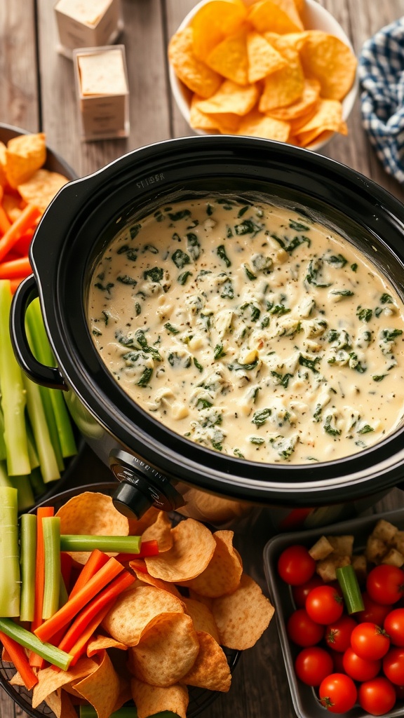Creamy spinach artichoke dip in a crock pot with tortilla chips and vegetables for serving.